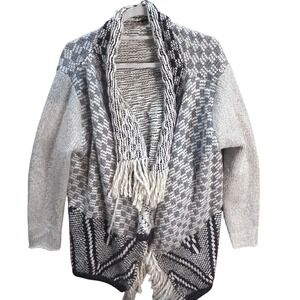 Umgee Cardigan Womens Large Grey Geometric Fringe Open Front Chunky Knit Sweater